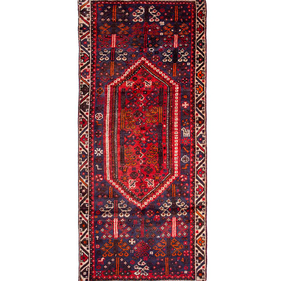 Shiraz Persian Rug 8'6" x 3'9" - Semi Antique Geometric Blue, Red Hand Knotted | front view | SKU 111478