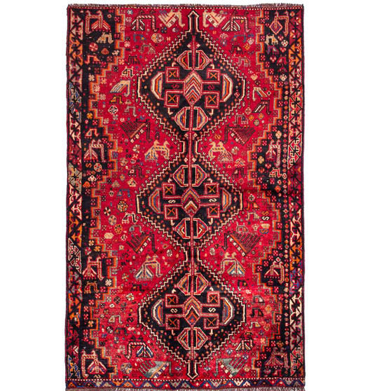 Shiraz Persian Rug 7'10" x 4'6" - Semi Antique Geometric Blue, Red Hand Knotted | front view | SKU 111481