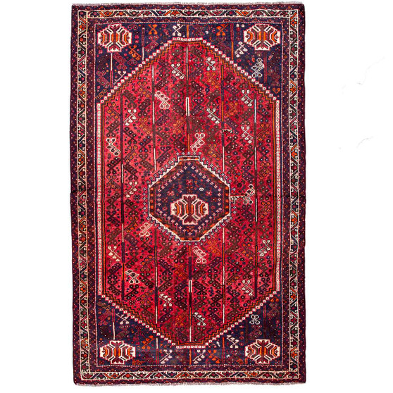 Shiraz Persian Rug 9'4" x 5'11" - Semi Antique Geometric Blue, Red Hand Knotted | front view | SKU 111484