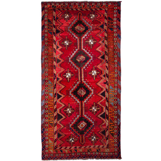 Shiraz Persian Rug 10'1" x 4'10" - Semi Antique Geometric Blue, Red Hand Knotted | front view | SKU 111495
