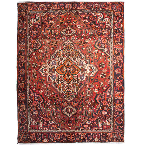 Bakhtiari Persian Rug 9x6 ft - Semi Antique Medallion Blue, Crimson Hand Knotted | front view | SKU 111500