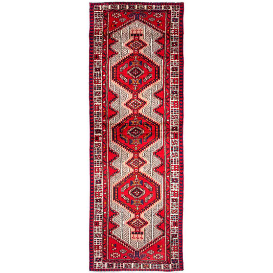 Azerbaijan Persian Rug 10x3 ft - Semi Antique Medallion Toranj, Geometric Red, Cream, Navy Blue Hand Knotted | front view | SKU 111501
