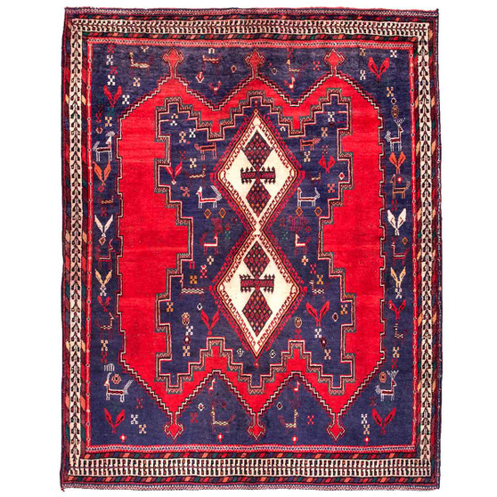 Sirjan Persian Rug 6'7" x 5'1" - Semi Antique Medallion Red, Navy Blue Hand Knotted | front view | SKU 111504