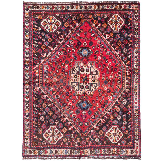 Shiraz Persian Rug 4'7" x 3'3" - Semi Antique Geometric Blue, Red Hand Knotted | front view | SKU 111507