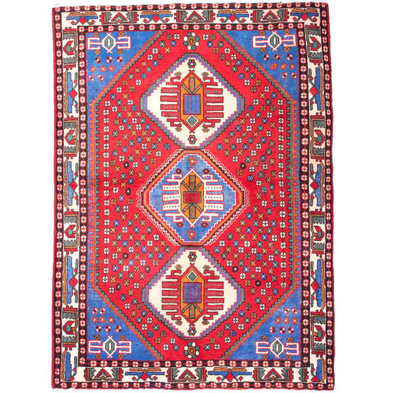 Mahabad Persian Rug 6'8" x 4'9" - Semi Antique Geometric Red, Blue Hand Knotted | front view | SKU 111509
