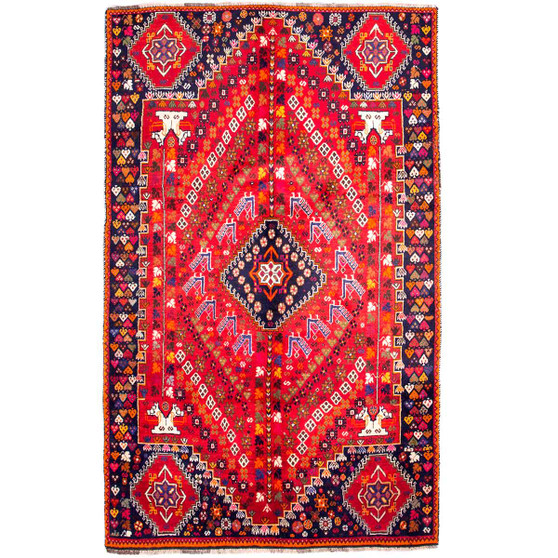 Shiraz Persian Rug 7'3" x 4'5" - Semi Antique Geometric Blue, Red Hand Knotted | front view | SKU 111510