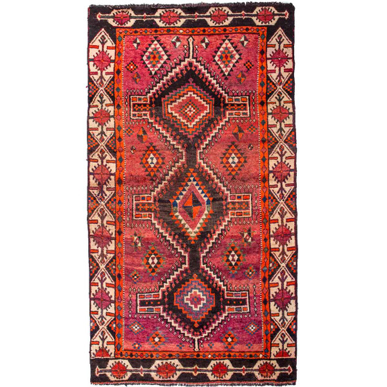 Shiraz Persian Rug 7'7" x 3'11" - Semi Antique Geometric Blue, Red Hand Knotted | front view | SKU 111511
