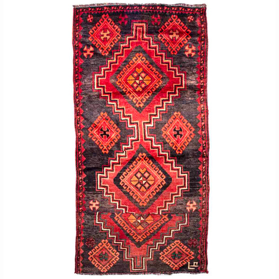 Shiraz Persian Rug 7'7" x 3'7" - Semi Antique Geometric Blue, Red Hand Knotted | front view | SKU 111513
