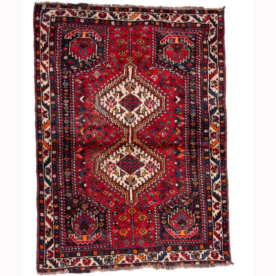 Shiraz Persian Rug 5x3 ft - Antique Geometric Blue, Red Hand Knotted | front view | SKU 111523