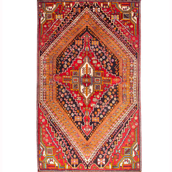 Qashqai Persian Rug 7'1" x 4'0" - Semi Antique Geometric Crimson, Blue Hand Knotted | front view | SKU 111524