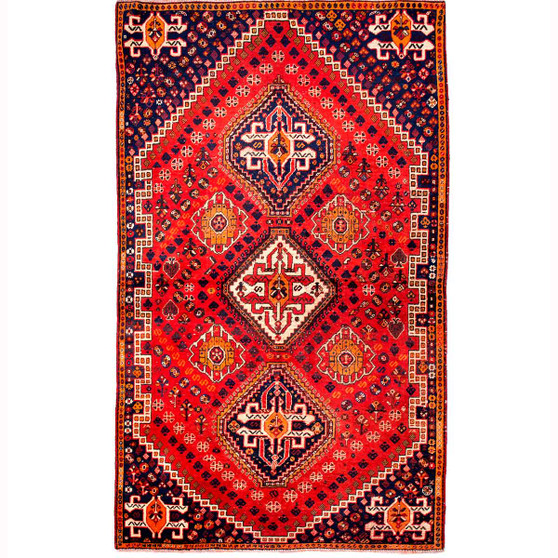 Shiraz Persian Rug 7x4 ft - Semi Antique Medallion Geometric Madder Red, Navy Blue, Cream Hand Knotted | front view | SKU 111531