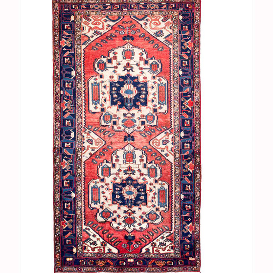 Bakhtiari Persian Rug 9x4 ft - Semi Antique Medallion, Geometric Madder Red, Navy Blue, Cream Hand Knotted | front view | SKU 111540