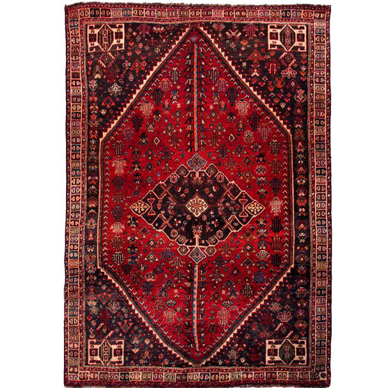 Shiraz Persian Rug 8'2" x 5'7" - Semi Antique Geometric Blue, Red Hand Knotted | front view | SKU 111544