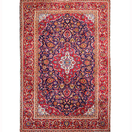 Kashan Persian Rug 9'11" x 6'7" - Semi Antique Medallion Crimson, Navy Blue Hand Knotted | front view | SKU 111551