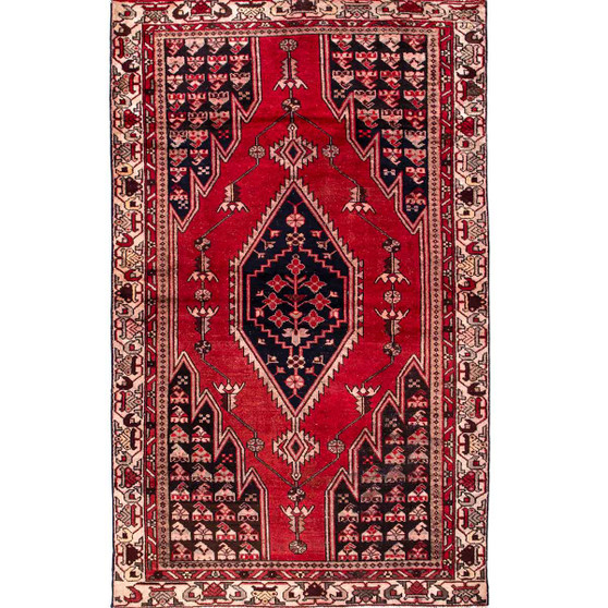Mazlaghan Persian Rug 6x4 ft - Semi Antique Medallion, Geometric Crimson, Dark Red, Ivory Hand Knotted | front view | SKU 111605
