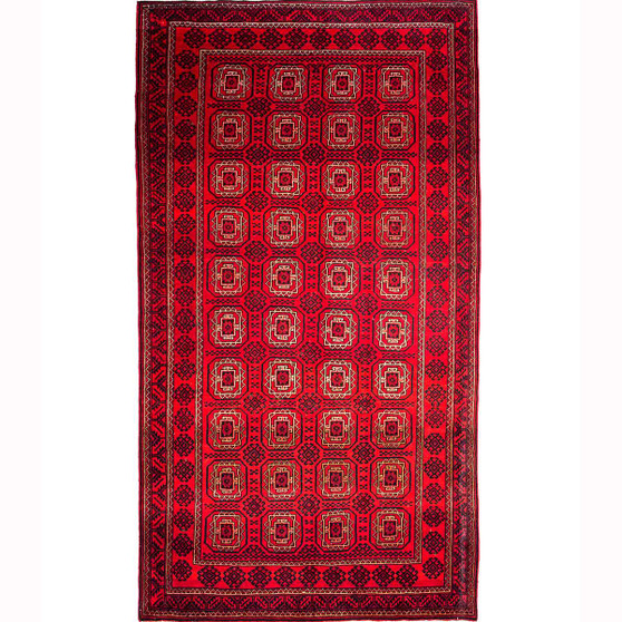 Baluch Persian Rug 10x5 ft - Semi Antique Mihrab Red, Blue Hand Knotted | front view | SKU 111805