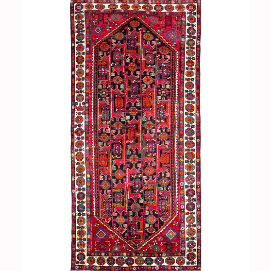 Quchan Persian Rug 9'8" x 4'6" - Semi Antique Medallion Red, Blue Hand Knotted | front view | SKU 111809