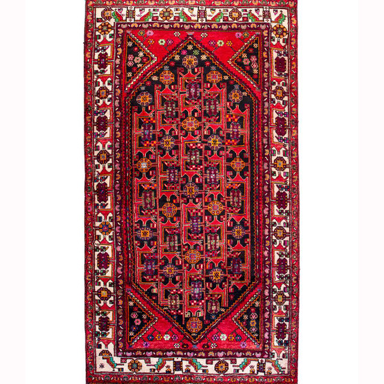 Quchan Persian Rug 9x5 ft - Semi Antique Medallion Red, Blue Hand Knotted | front view | SKU 111810