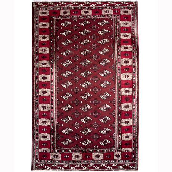 Turkmen Persian Rug 11'12" x 6'11" - Semi Antique Geometric Crimson, Navy Blue Hand Knotted | front view | SKU 111817
