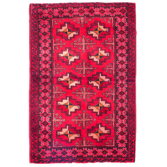 Turkmen Persian Rug 2'11" x 1'12" - Semi Antique Geometric Crimson, Navy Blue Hand Knotted | front view | SKU 111822