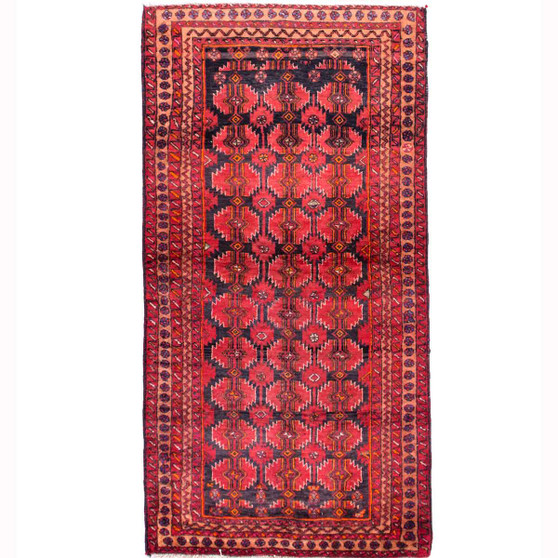 Baluch Persian Rug 5x2 ft - Semi Antique Geometric, Gol Farang Madder Red, Navy Blue, Burgundy Hand Knotted | front view | SKU 111833