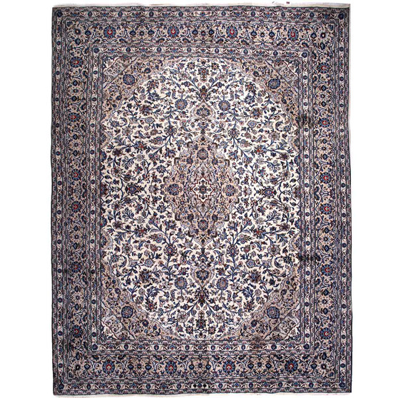 Kashmar Persian Rug 12x9 ft - Semi Antique Shah Abbasi, Medallion (Toranj) Ivory, Navy Blue, Crimson Hand Knotted | front view | SKU 112008