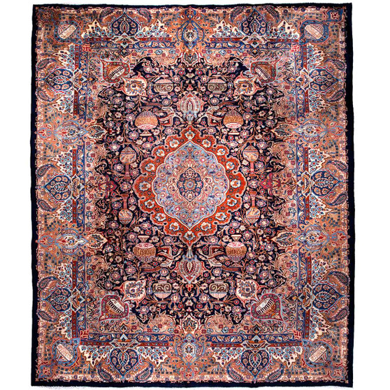 Kashmar Persian Rug 12x9 ft - Semi Antique Medallion Navy Blue, Crimson, Ivory Hand Knotted | front view | SKU 112010