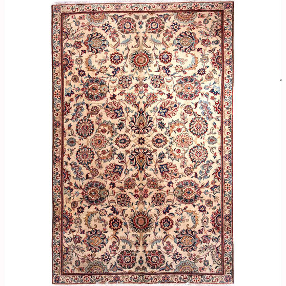 Kashan Persian Rug 8x5 ft - Semi Antique Afshan (All-Over), Shah Abbasi Cream, Madder Red, Navy Blue Hand Knotted | front view | SKU 112011