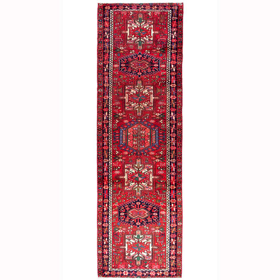 Karaja Persian Rug 10x3 ft - Semi Antique Medallion Geometric Madder Red, Navy Blue, Ivory Hand Knotted | front view | SKU 112015