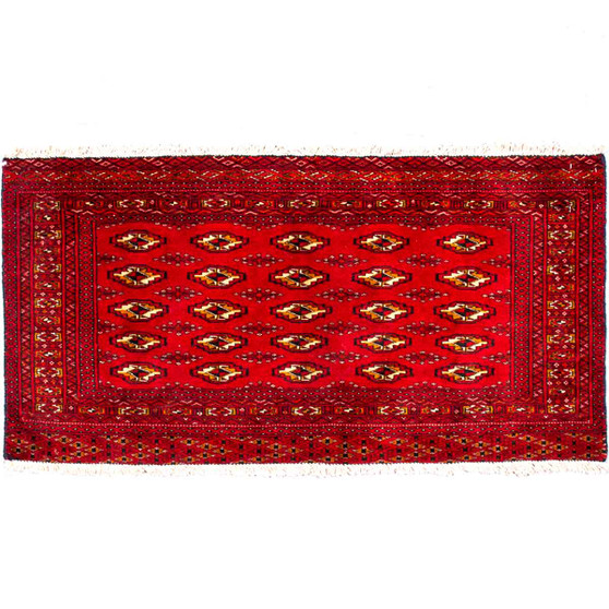 Turkmen Persian Rug 3x1 ft - Semi Antique Geometric Crimson, Navy Blue Hand Knotted | front view | SKU 112017