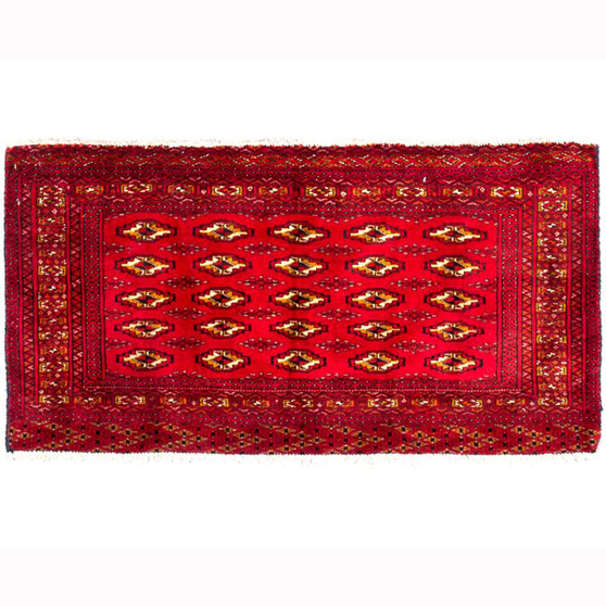 Turkmen Persian Rug 3x1 ft - Semi Antique Geometric, Turkmen Gul Crimson, Madder Red, Burgundy Hand Knotted | front view | SKU 112018