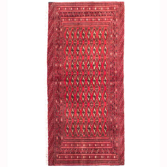 Turkmen Persian Rug 4'11" x 2'3" - Semi Antique Geometric Crimson, Navy Blue Hand Knotted | front view | SKU 112020