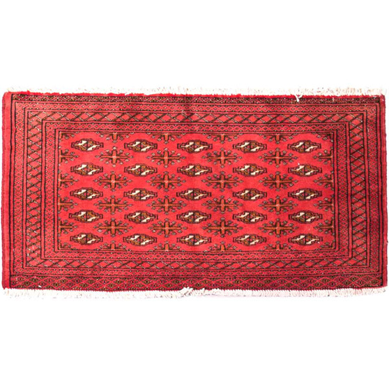 Turkmen Persian Rug 3'1" x 1'7" - Semi Antique Geometric Crimson, Navy Blue Hand Knotted | front view | SKU 112021