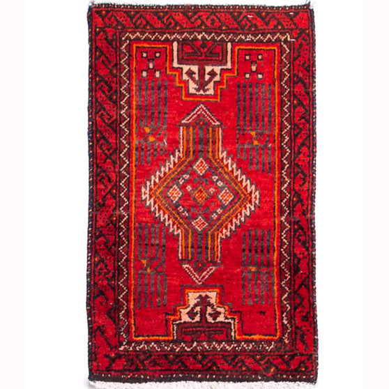 Baluch Persian Rug 2'4" x 1'5" - Semi Antique Mihrab Red, Blue Hand Knotted | front view | SKU 112022