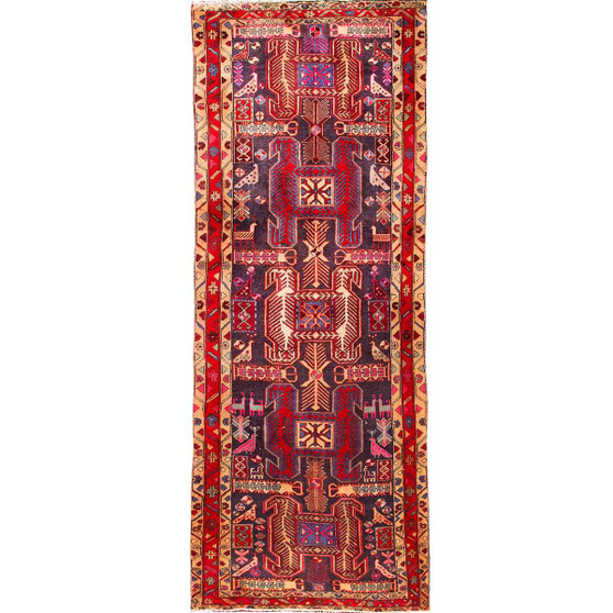 Ardabil Persian Rug 10'10" x 4'0" - 25-40 Years Geometric, Tribal and Nomadic Dark Red, Burgundy, Navy Blue Hand Knotted | front view | SKU 110013