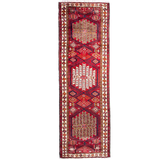 Heriz Persian Rug 10'10" x 3'5" - Semi Antique Medallion Red, Brown Hand Knotted | front view | SKU 112027
