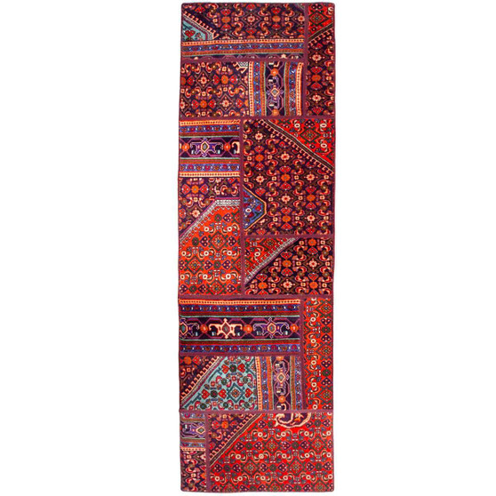 Zanjan Persian Rug 8'4" x 2'5" - Semi Antique Medallion Navy Blue, Crimson Hand Knotted | front view | SKU 112033
