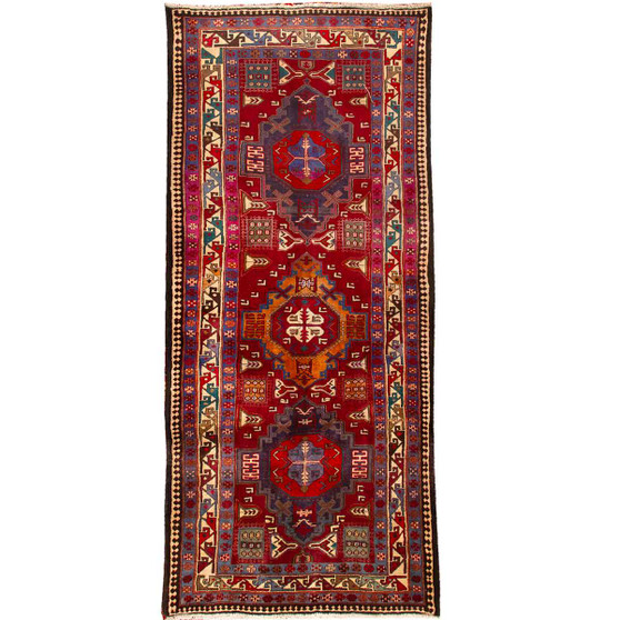 Ardabil Persian Rug 9x4 ft - Semi Antique Medallion Turquoise, White Hand Knotted | front view | SKU 110015