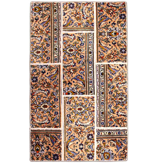 Kashan Persian Rug 4x2 ft - Semi Antique Kheshti Garden, Shah Abbasi Cream, Navy Blue, Crimson Hand Knotted | front view | SKU 112045