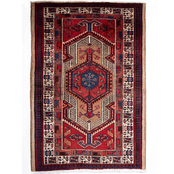 Ardabil Persian Rug 5x3 ft - Semi Antique Medallion Geometric Madder Red, Navy Blue, Cream Hand Knotted | front view | SKU 112055