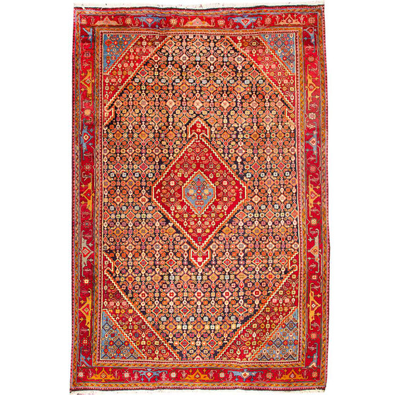Ardabil Persian Rug 9'10" x 6'7" - Antique Medallion Toranj, Herati Mahi Madder Red, Cream, Navy Blue Hand Knotted | front view | SKU 110016