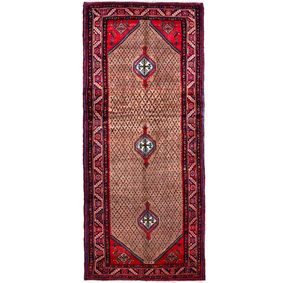 Kurdish Persian Rug 10x4 ft - Semi Antique Medallion Red, Blue Hand Knotted | front view | SKU 112102