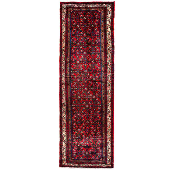 Hamadan Persian Rug 11'8" x 3'5" - Semi Antique Afshan Red, Blue Hand Knotted | front view | SKU 112103