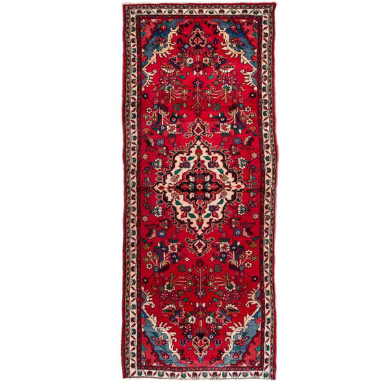 Hamadan Persian Rug 9x3 ft - Semi Antique Afshan Red, Blue Hand Knotted | front view | SKU 112107