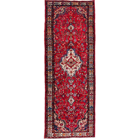 Hamadan Persian Rug 10x3 ft - Semi Antique Afshan Red, Blue Hand Knotted | front view | SKU 112109