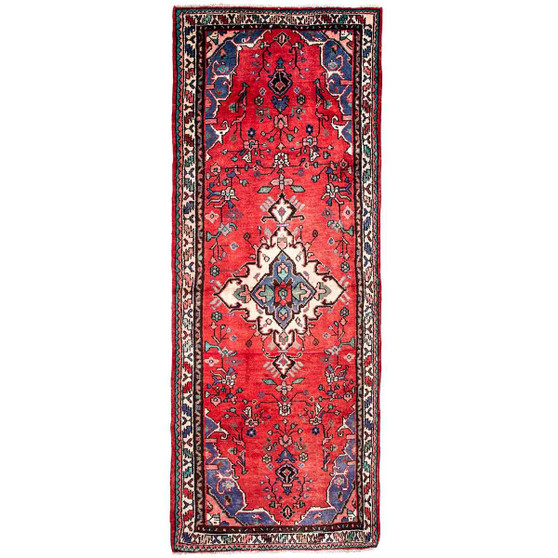 Hamadan Persian Rug 9x3 ft - Semi Antique Medallion (Toranj), Herati (Mahi) Madder Red, Navy Blue, Cream Hand Knotted | front view | SKU 112111