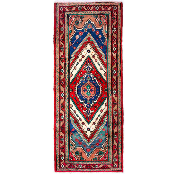 Hamadan Persian Rug 9'0" x 3'3" - Semi Antique Afshan Red, Blue Hand Knotted | front view | SKU 112113