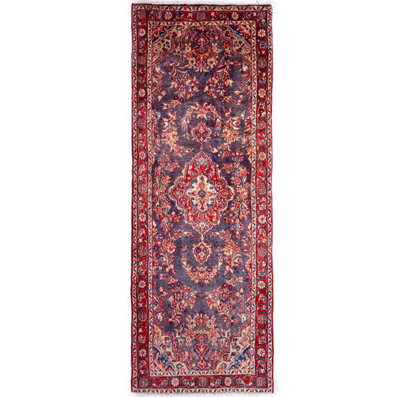 Hamadan Persian Rug 9'7" x 3'3" - Semi Antique Afshan Red, Blue Hand Knotted | front view | SKU 112114