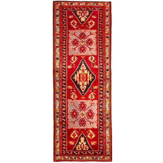 Ardabil Persian Rug 10x3 ft - Semi Antique Medallion Toranj, Geometric Madder Red, Cream, Burgundy Hand Knotted | front view | SKU 112115