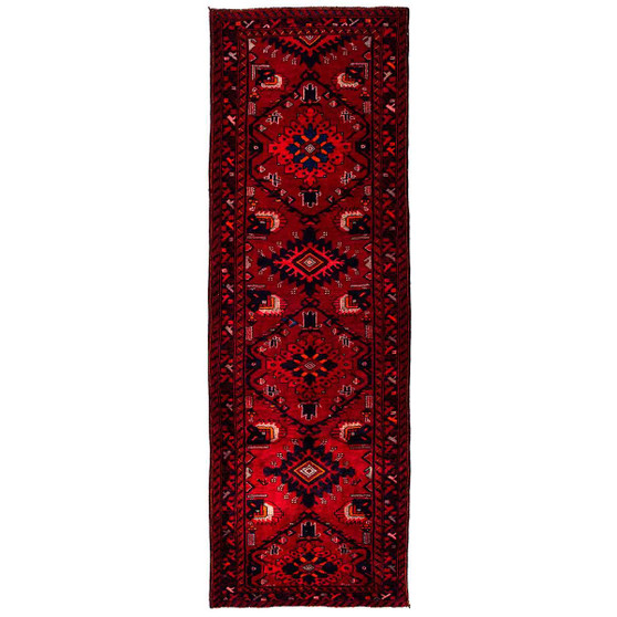 Hamadan Persian Rug 10x3 ft - Semi Antique Medallion (Toranj), Geometric Madder Red, Dark Red, Navy Blue Hand Knotted | front view | SKU 112117